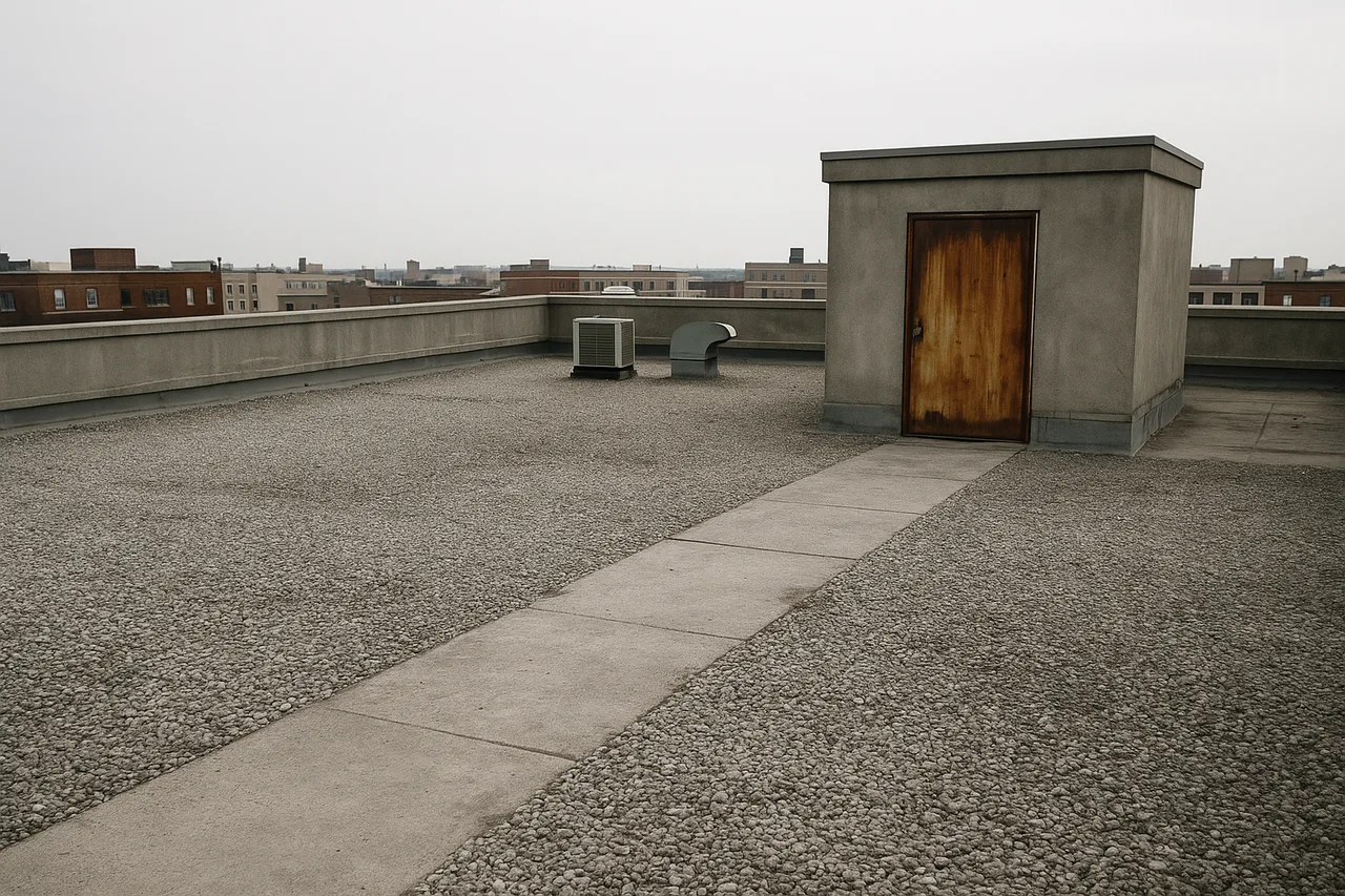 Flat location scouting photo of a bare city rooftop